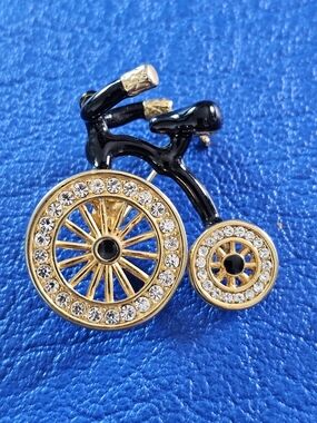 Vintage Penny-Farthing Bicycle Brooch | Black Enamel Gold Rhinestone Pin